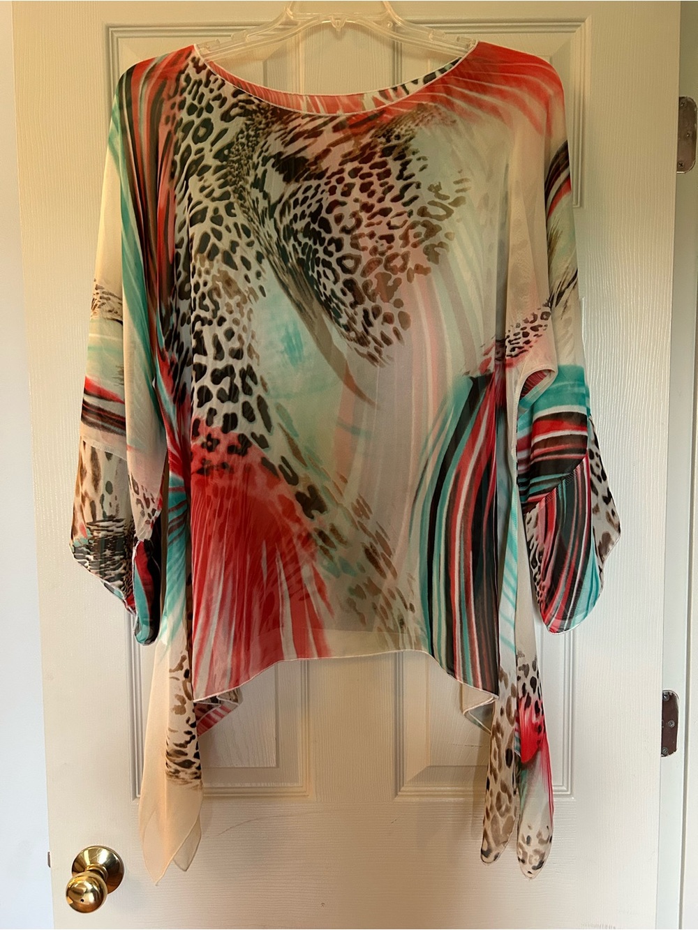Sheer Multicolor Animal-Print Poncho Tunic - Coral, Teal & Cream